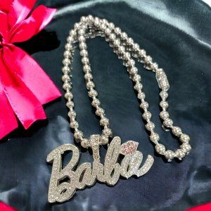 Barbie-Inspired Rhinestone Nameplate Necklace with Pink Lips – Sparkly ✨NWT